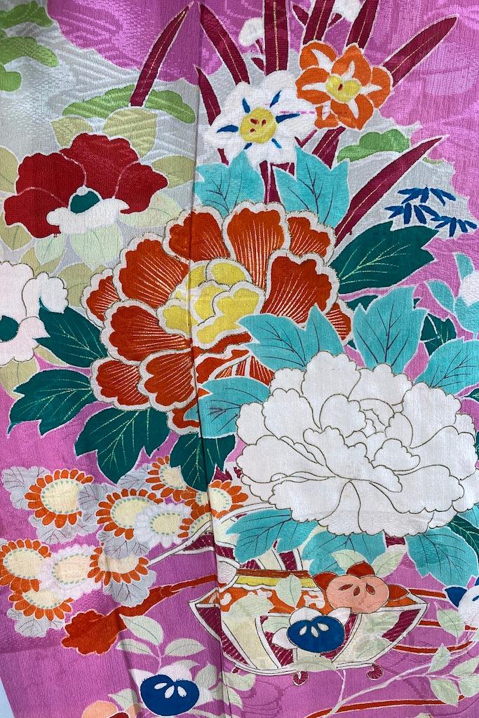 Antique Pink Floral Print Silk Kimono Robe-ThisBlueBird