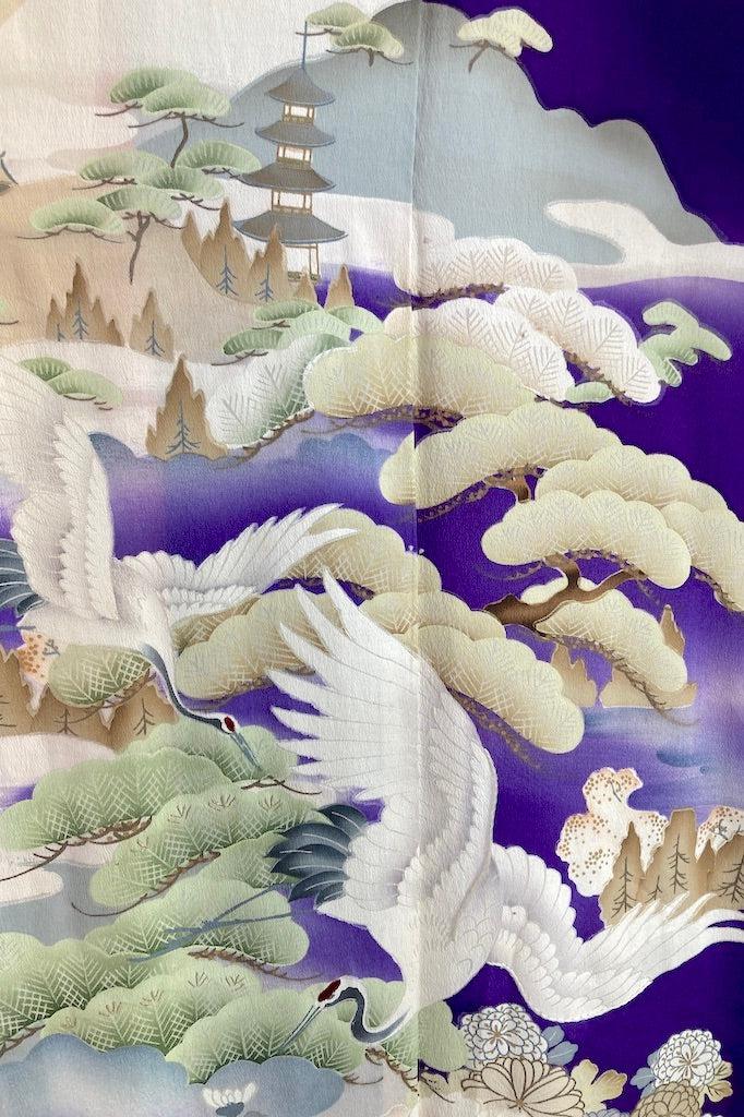 Antique Purple Flying Cranes Silk Kimono Robe-ThisBlueBird