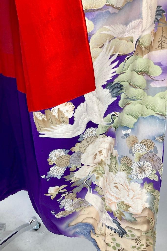 Antique Purple Flying Cranes Silk Kimono Robe-ThisBlueBird
