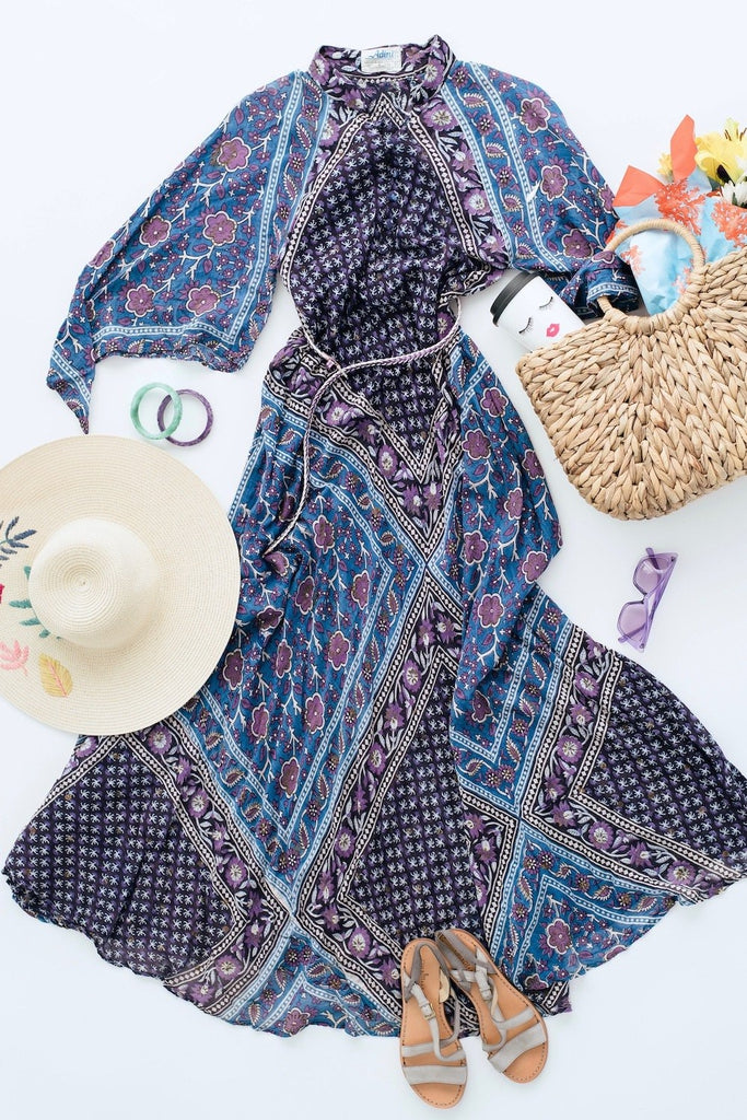 Vintage 1970s Indian Cotton Maxi Dress / ADINI / Blue &amp; Purple Floral Caftan