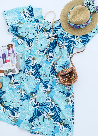 Vintage Blue Hawaiian Print Aloha Caftan Dress-ThisBlueBird - Modern Vintage