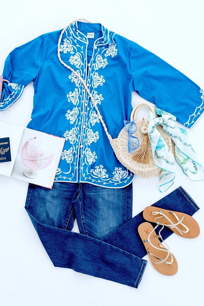 Vintage Embroidered Blouse / Ocean Blue-ThisBlueBird - Modern Vintage