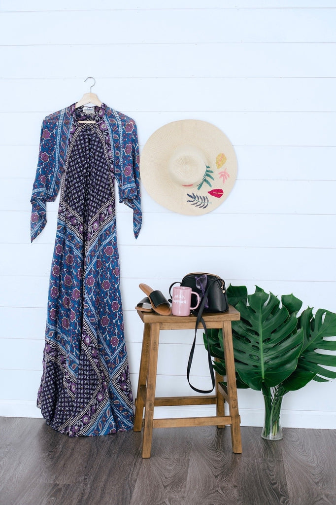 Vintage 1970s Indian Cotton Maxi Dress / ADINI / Blue &amp; Purple Floral Caftan
