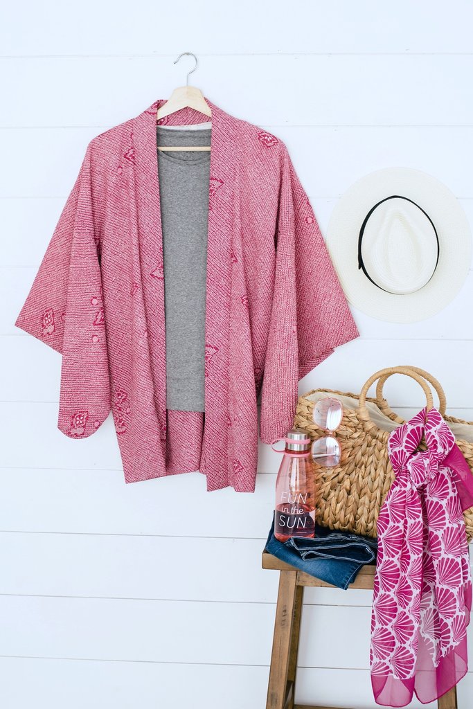 Vintage 1960s Dark Pink Shibori Silk Kimono Cardigan Jacket - ThisBlueBird