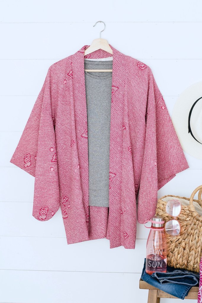 Vintage 1960s Dark Pink Shibori Silk Kimono Cardigan Jacket - ThisBlueBird