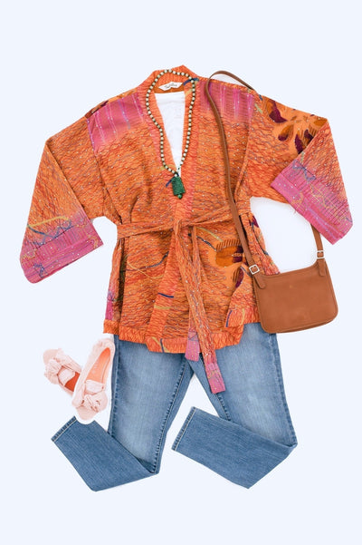 Silk Kimono Cardigan / Vintage Indian Sari / Orange & Purple Floral-ThisBlueBird - Modern Vintage