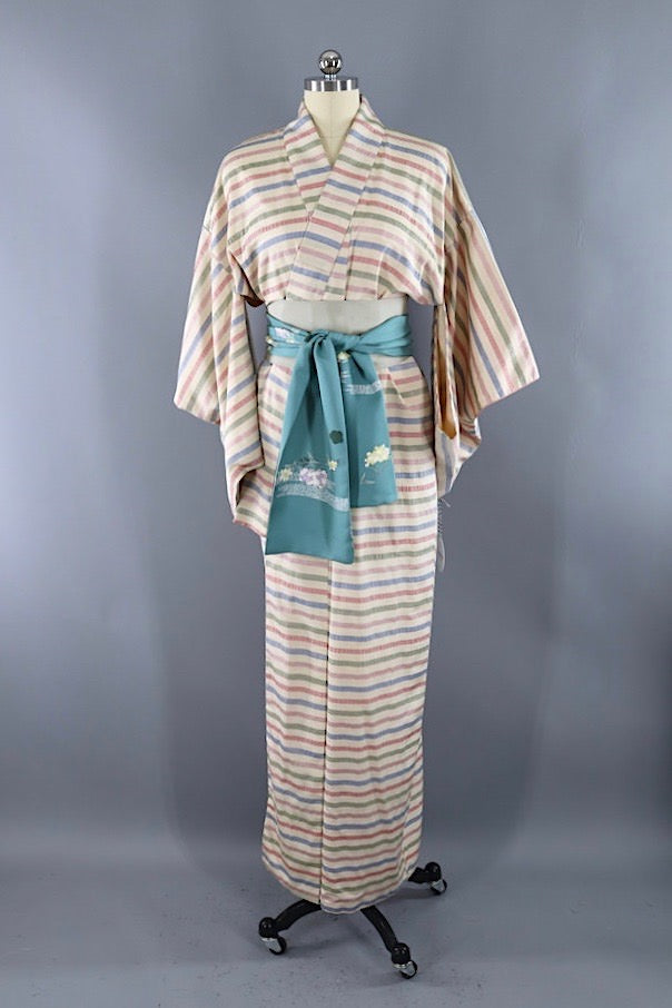 Vintage Pastel Striped Silk Kimono Robe ThisBlueBird