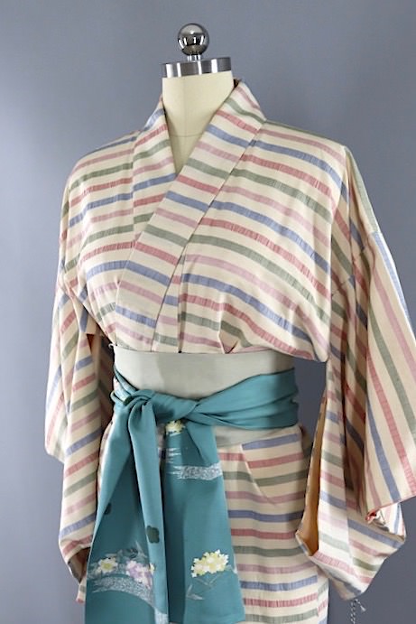 Vintage Pastel Striped Silk Kimono Robe ThisBlueBird