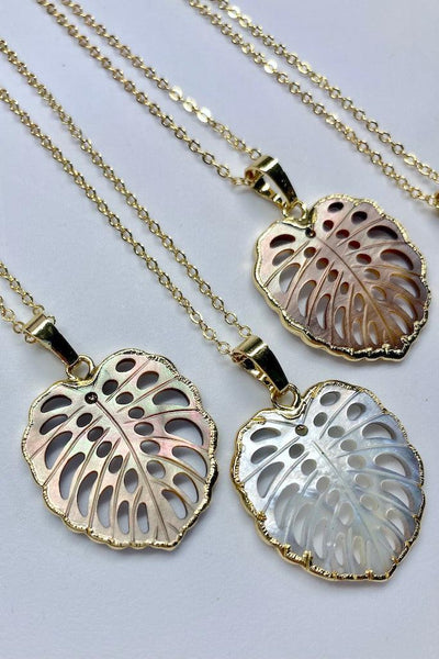 Carved Shell Monstera Leaf Necklace-ThisBlueBird