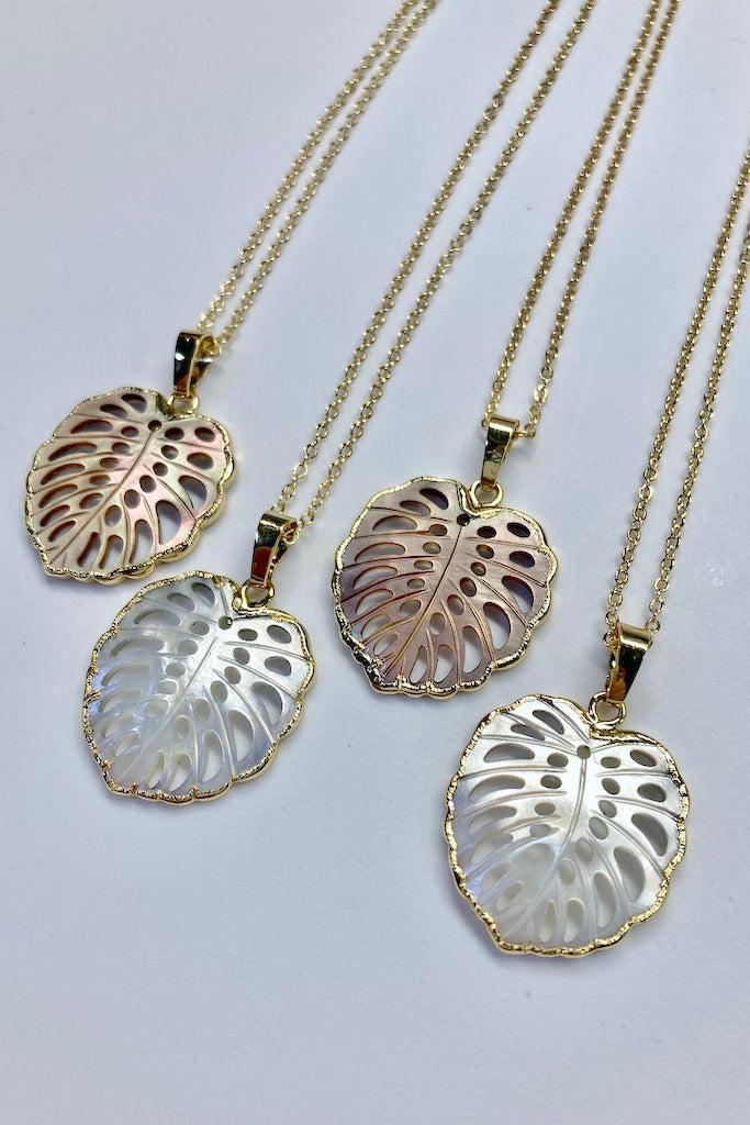 Carved Shell Monstera Leaf Necklace-ThisBlueBird