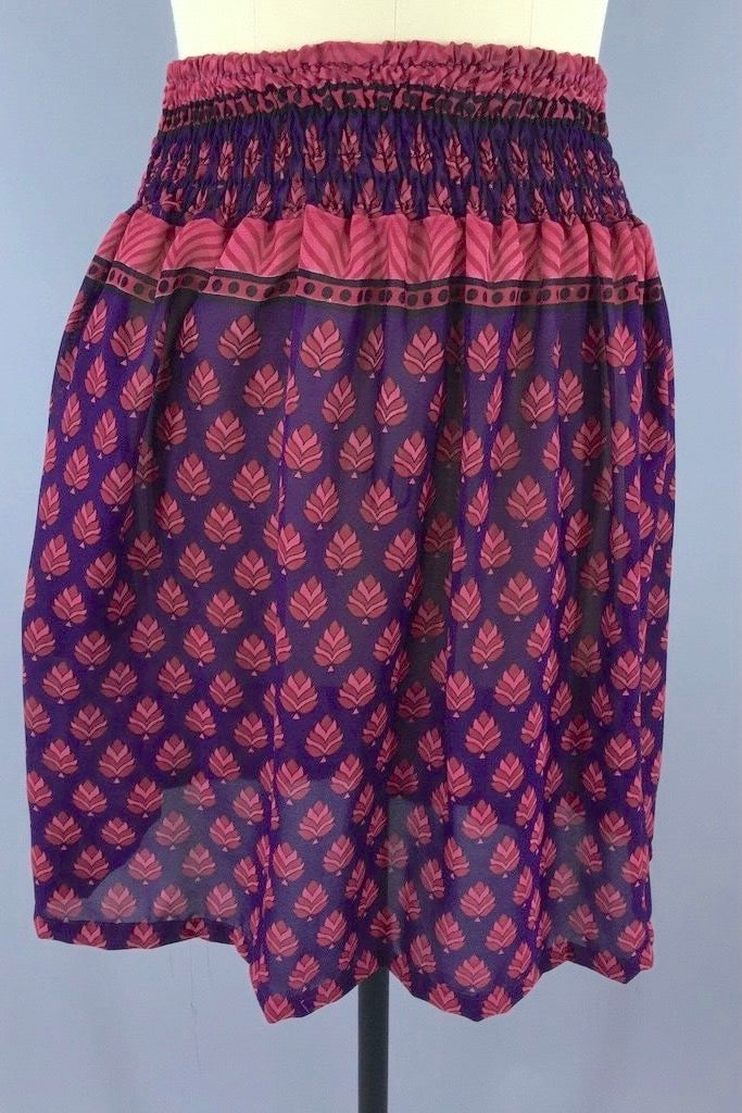 Indian Chiffon Sari Skirt - Purple & Red Leaf Print - Size L-XL ...