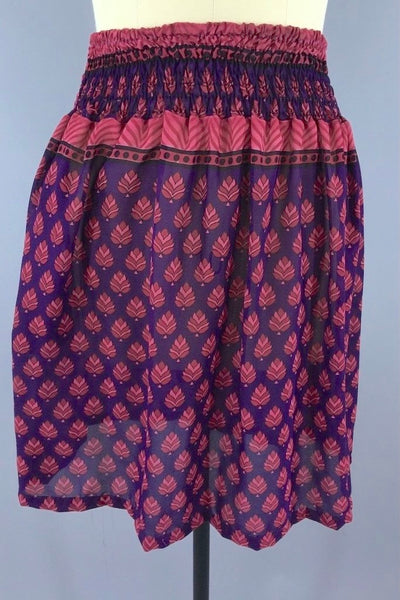 Indian Chiffon Sari Skirt - Purple & Red Leaf Print - Size L-XL-ThisBlueBird