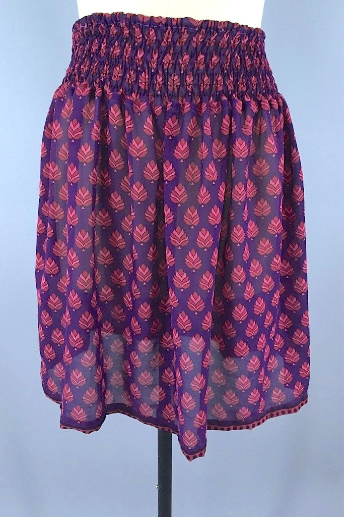 Indian Chiffon Sari - Purple Leaf Floral Print - Size Large to Extra Large-ThisBlueBird