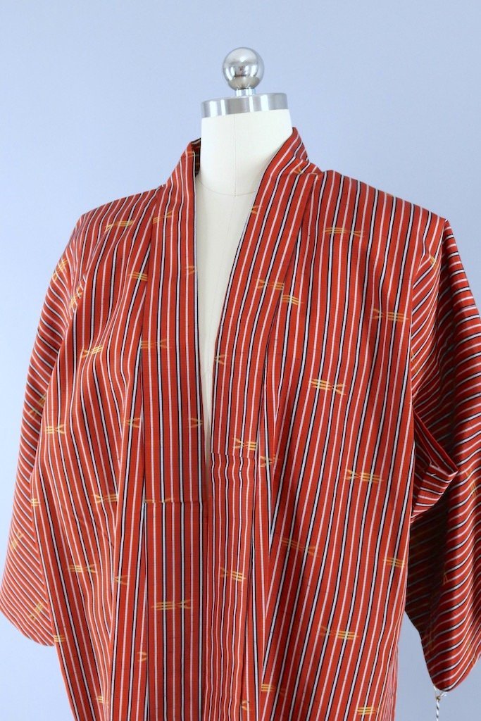 Dark Red Ikat Stripe Raw Silk Kimono Cardigan-ThisBlueBird - Modern Vintage