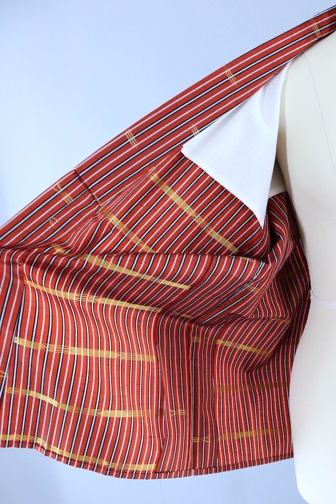 Dark Red Ikat Stripe Raw Silk Kimono Cardigan-ThisBlueBird - Modern Vintage