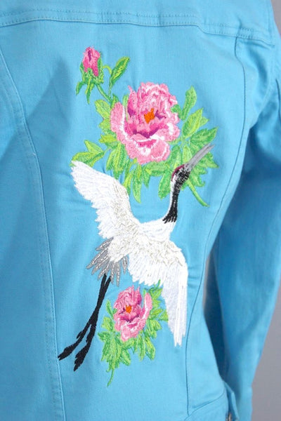 Embroidered Birds Aqua Blue Denim Jacket-ThisBlueBird