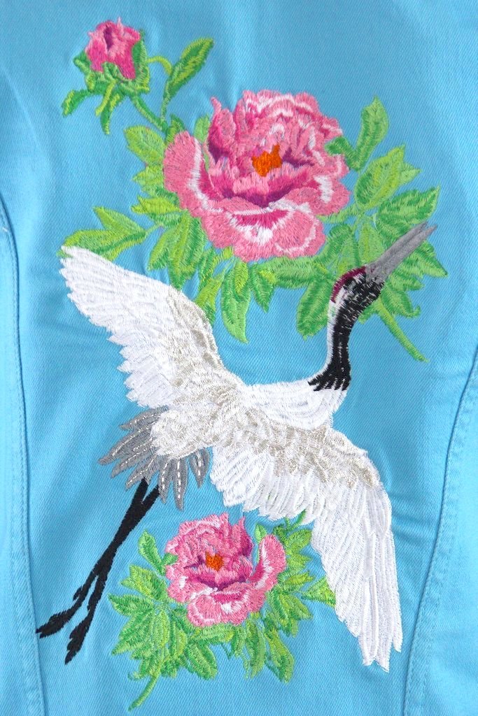 Embroidered Birds Aqua Blue Denim Jacket-ThisBlueBird