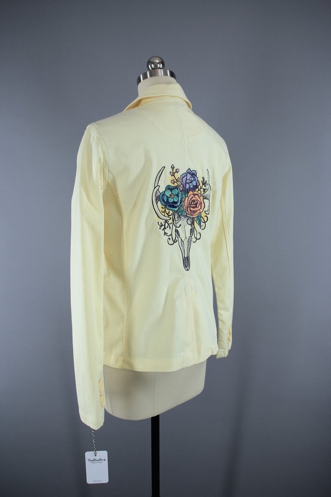 Embroidered Yellow Denim Blazer Jacket /  Deer Antelope Skull with Flower Crown Embroidery - ThisBlueBird