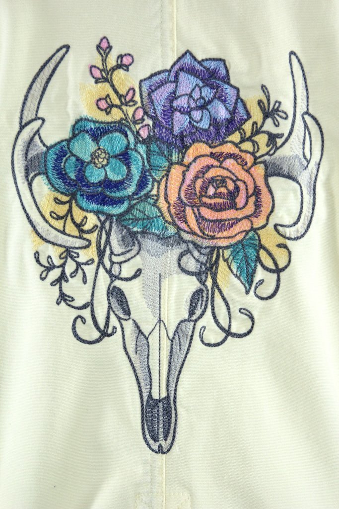 Embroidered Yellow Denim Blazer Jacket /  Deer Antelope Skull with Flower Crown Embroidery - ThisBlueBird