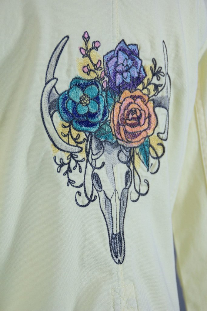 Embroidered Yellow Denim Blazer Jacket /  Deer Antelope Skull with Flower Crown Embroidery - ThisBlueBird