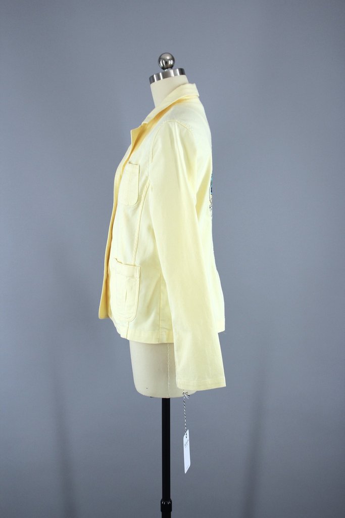 Embroidered Yellow Denim Blazer Jacket /  Deer Antelope Skull with Flower Crown Embroidery - ThisBlueBird