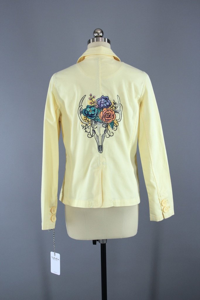 Embroidered Yellow Denim Blazer Jacket /  Deer Antelope Skull with Flower Crown Embroidery - ThisBlueBird