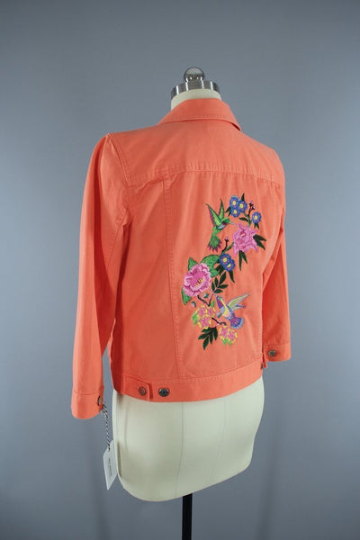 Embroidered Denim Jacket / Hummingbirds Floral Embroidery / Orange Sherbet - ThisBlueBird