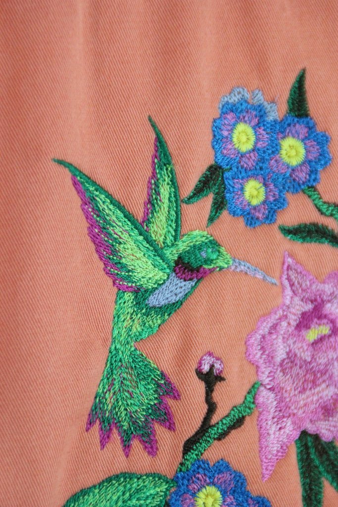 Embroidered Denim Jacket / Hummingbirds Floral Embroidery / Orange Sherbet - ThisBlueBird