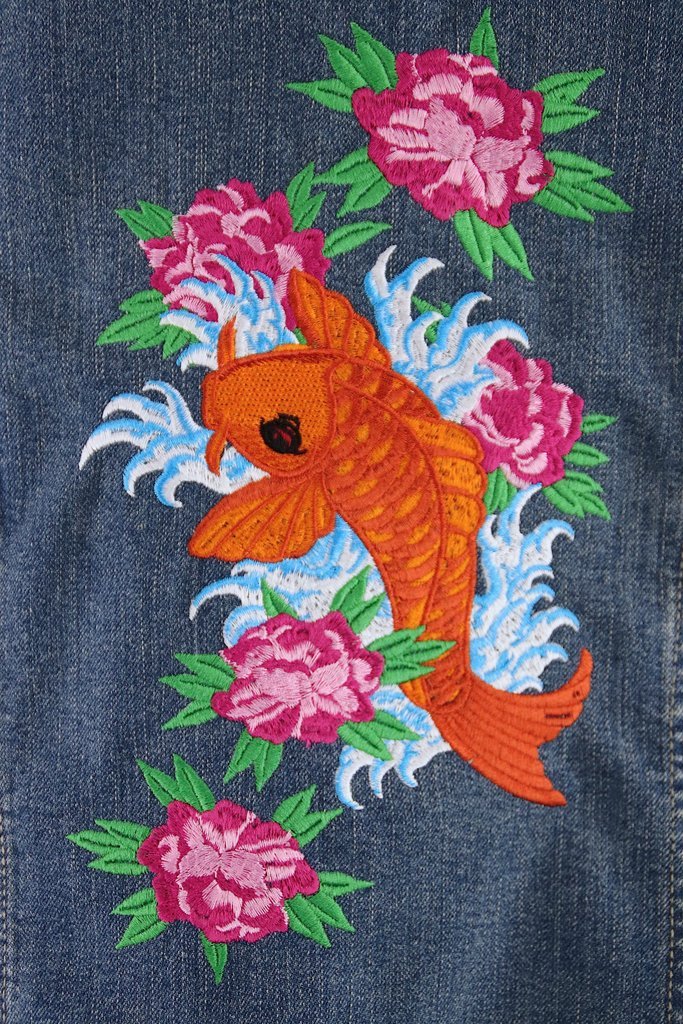 Embroidered Denim Jacket / Koi Fish Pink Floral Embroidery - ThisBlueBird