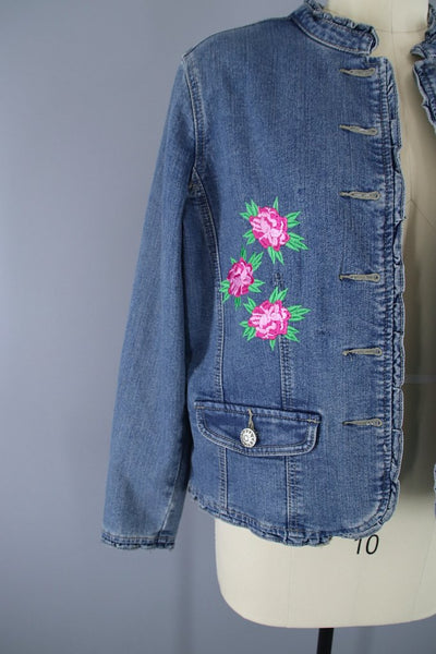 Embroidered Denim Jacket / Koi Fish Pink Floral Embroidery - ThisBlueBird