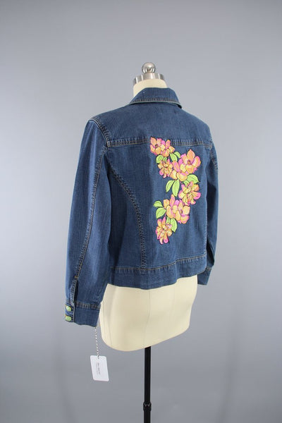 Embroidered Denim Jacket / Pink Orange Hawaiian Floral Embroidery - ThisBlueBird