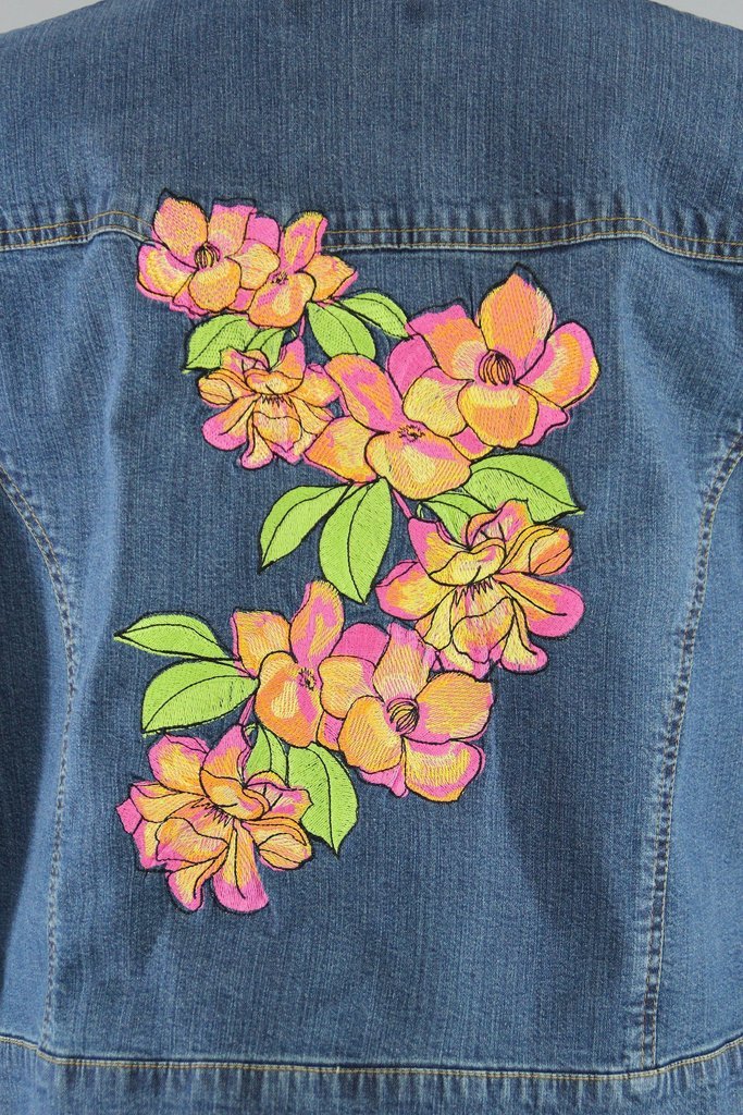 Jacket, patch, flower, jean, yellow, orange, red, pink, fly