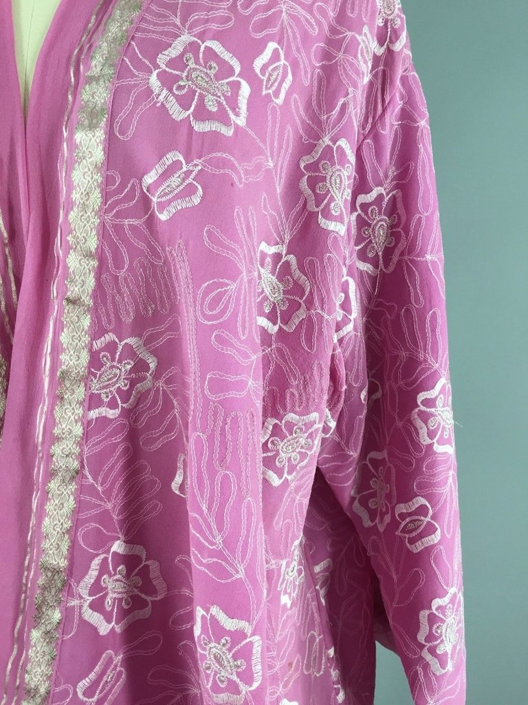 Embroidered Pink and Silver Silk Chiffon Kimono Cardigan made from a Vintage Indian Sari - ThisBlueBird