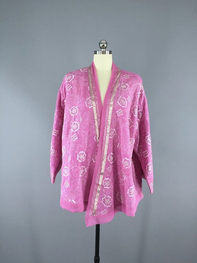 Embroidered Pink and Silver Silk Chiffon Kimono Cardigan made from a Vintage Indian Sari - ThisBlueBird