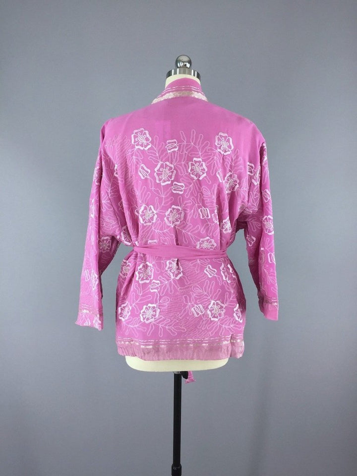 Embroidered Pink and Silver Silk Chiffon Kimono Cardigan made from a Vintage Indian Sari - ThisBlueBird