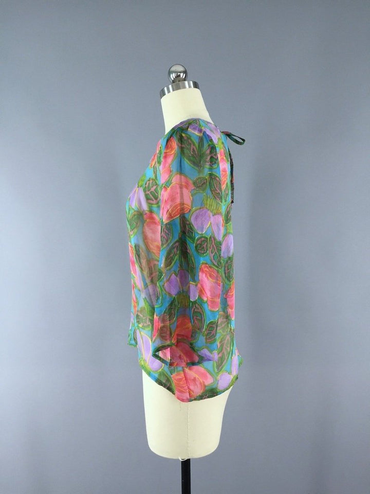 Floral Print Chiffon Blouse made from a Vintage Indian Sari - ThisBlueBird