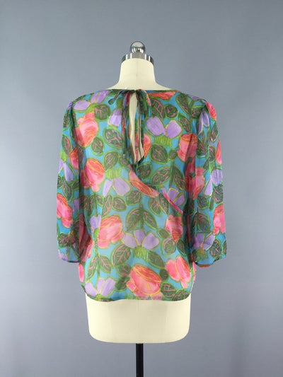 Floral Print Chiffon Blouse made from a Vintage Indian Sari - ThisBlueBird
