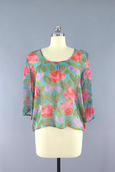 Floral Print Chiffon Blouse made from a Vintage Indian Sari-ThisBlueBird