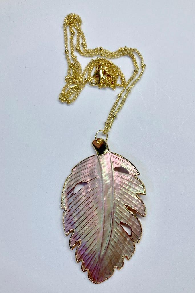 Giant Carved Pink Shell Leaf Necklace-ThisBlueBird