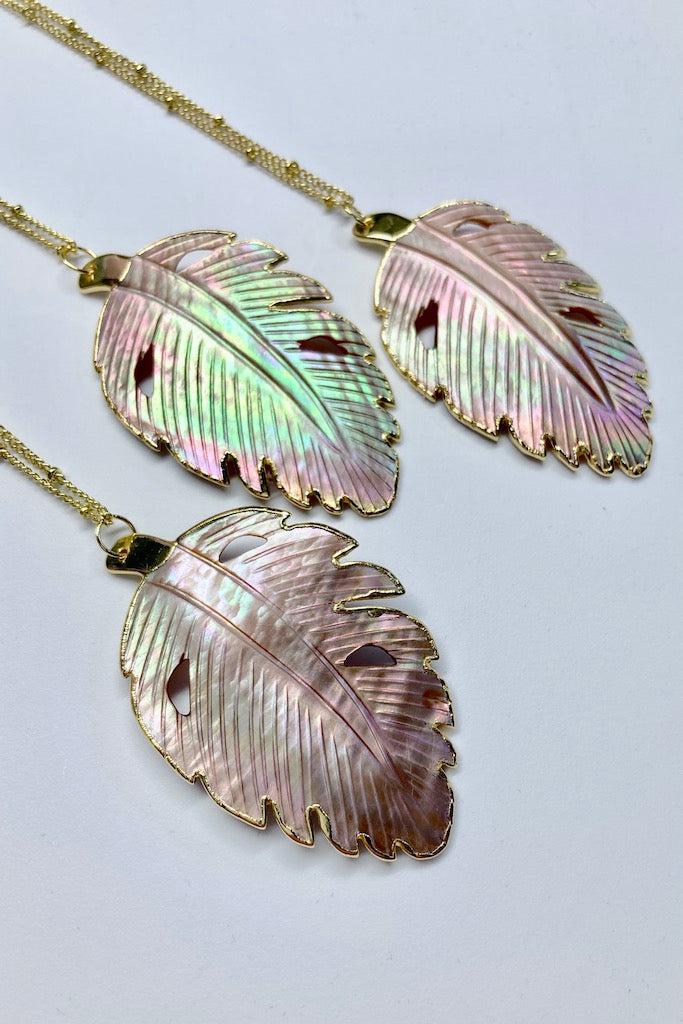 Giant Carved Pink Shell Leaf Necklace-ThisBlueBird
