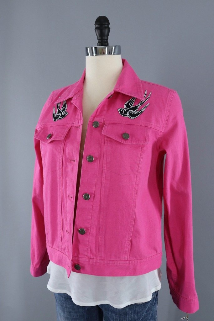 Hot Pink Denim Jacket with Retro Swallow Patches-ThisBlueBird - Modern Vintage