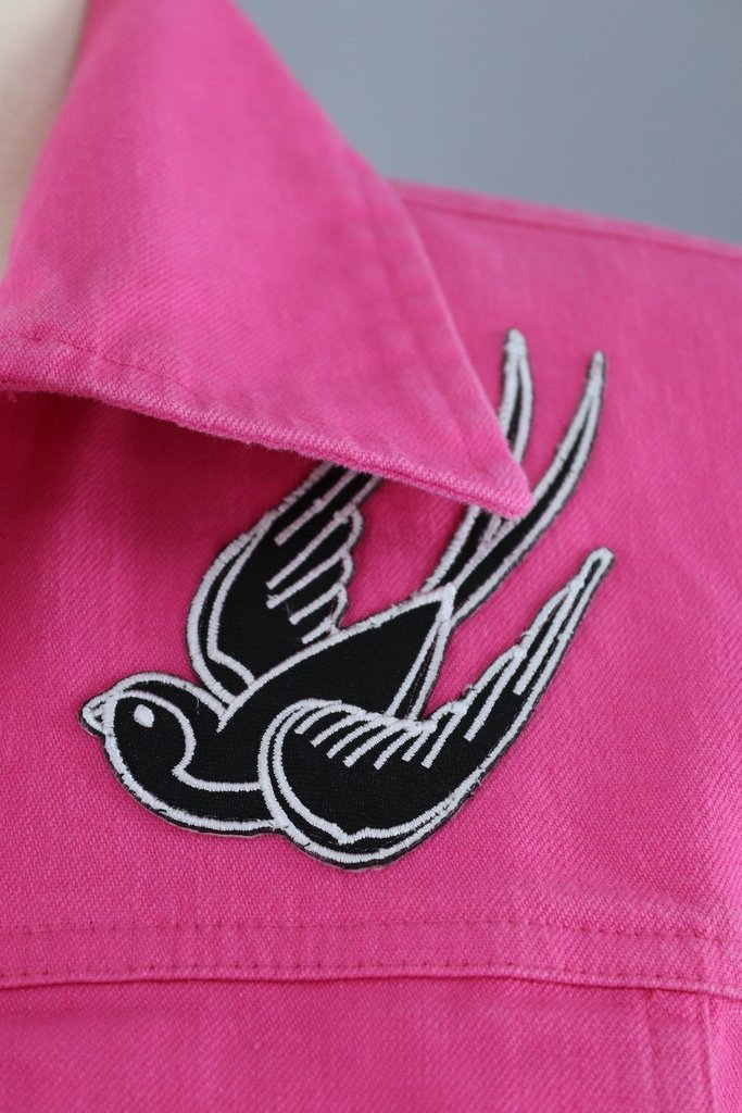Hot Pink Denim Jacket with Retro Swallow Patches-ThisBlueBird - Modern Vintage