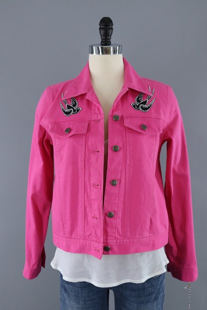 Hot Pink Denim Jacket with Retro Swallow Patches-ThisBlueBird - Modern Vintage