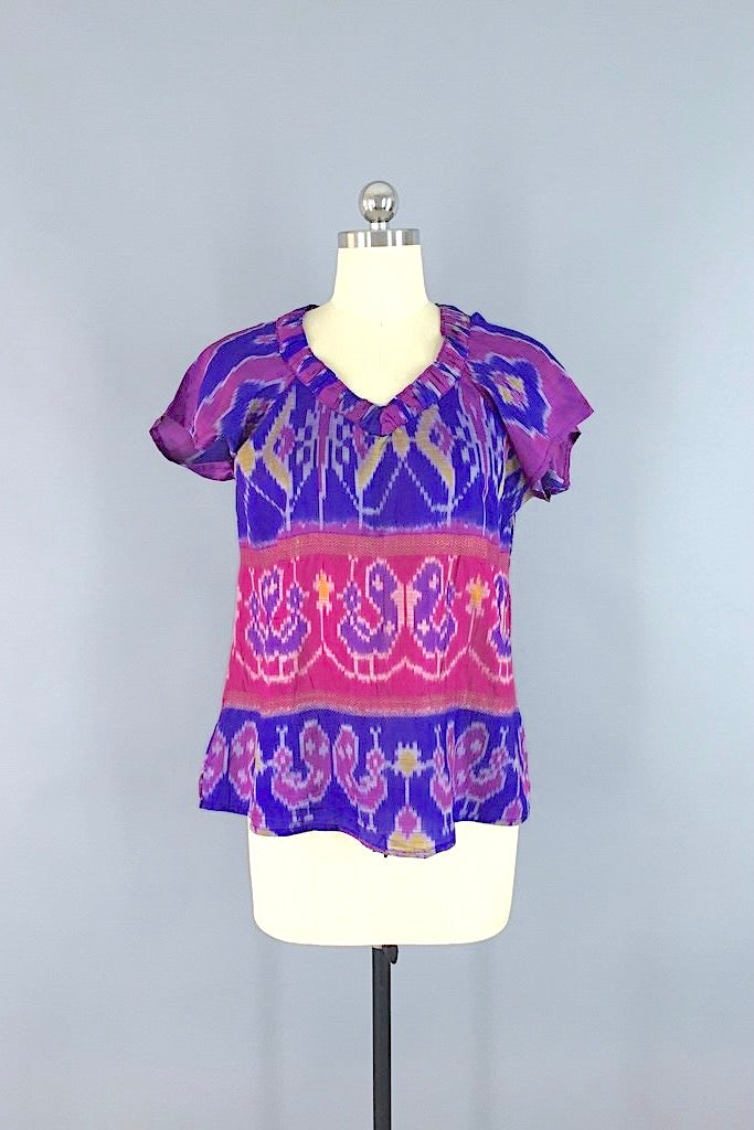 India Silk T-Shirt Blouse / Blue & Pink Bird Print / Size Small-ThisBlueBird