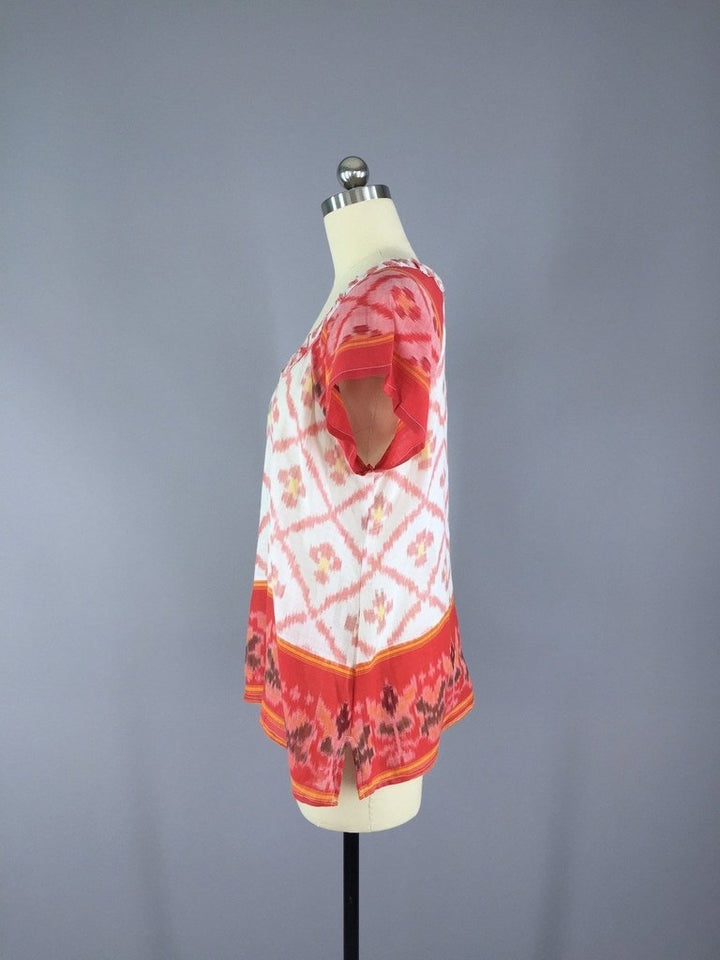 Indian Cotton Blouse with Red and White Ikat Pattern made from a Vintage Indian Sari - ThisBlueBird