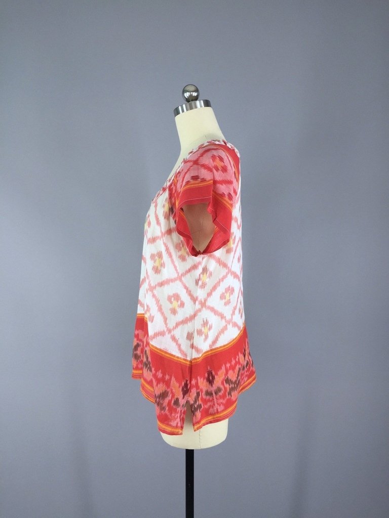 Indian Cotton Blouse with Red and White Ikat Pattern made from a Vintage Indian Sari - ThisBlueBird