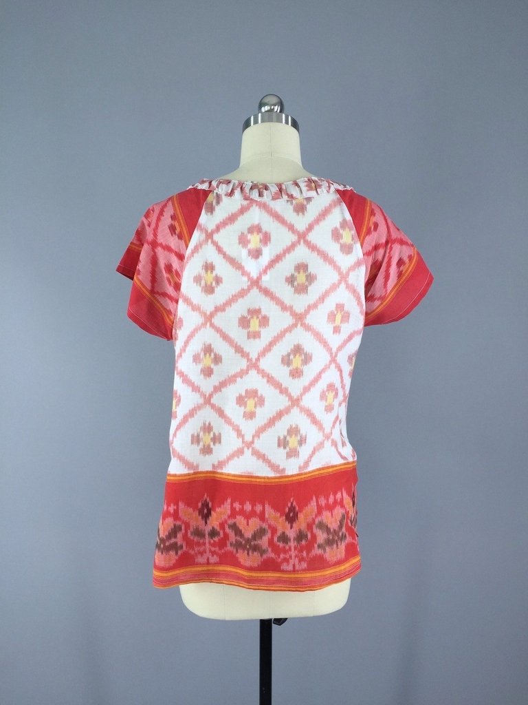 Indian Cotton Blouse with Red and White Ikat Pattern made from a Vintage Indian Sari - ThisBlueBird