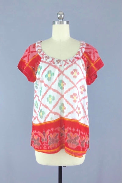 Indian Cotton Blouse with Red and White Ikat Pattern made from a Vintage Indian Sari-ThisBlueBird