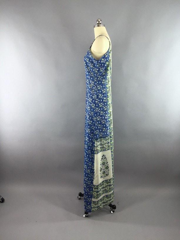 Indian Sari Maxi Dress / Vintage Indian Cotton Blend Sari / TALL Long Dress - ThisBlueBird