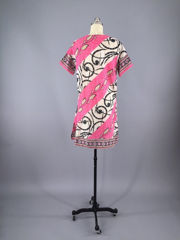 Kaftan Dress / Vintage Indian Cotton Sari / Pink Swim Coverup Tunic - ThisBlueBird
